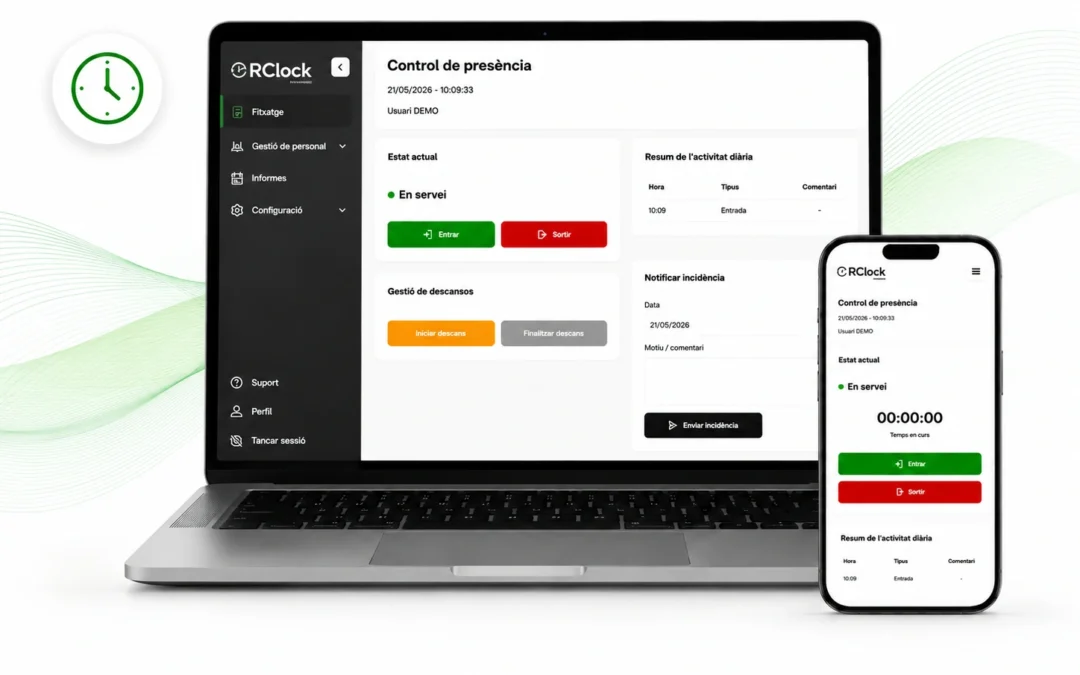 Descobreix RClock, la solució pròpia de R-Systems Software per digitalitzar el registre de jornada, gestionar incidències i consultar informes de control horari.